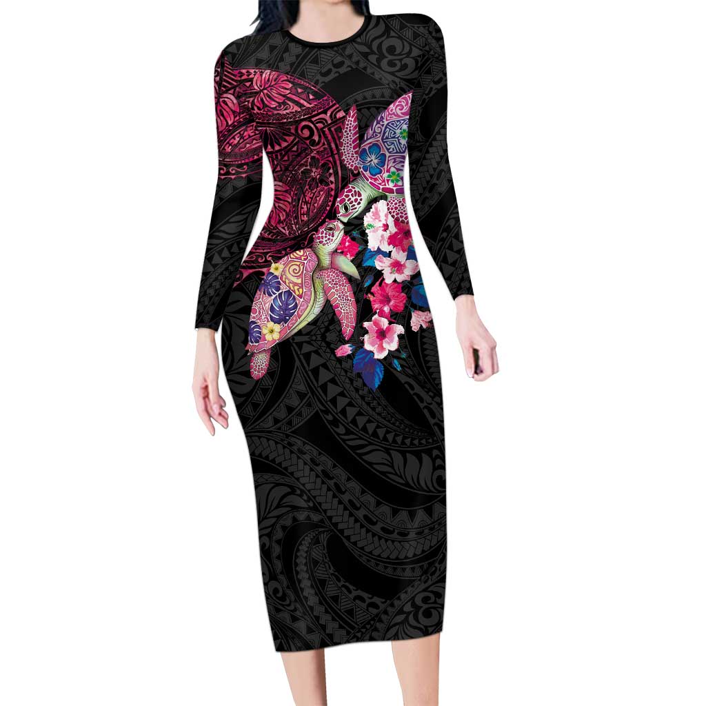 Hawaiian Couple Turtles Honi Family Matching Long Sleeve Bodycon Dress and Hawaiian Shirt Polynesian Art Motifs and Hibiscus Black Red Color LT03 Mom's Dress Black - Polynesian Pride