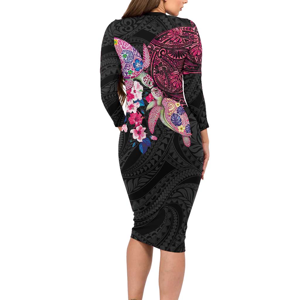 Hawaiian Couple Turtles Honi Family Matching Long Sleeve Bodycon Dress and Hawaiian Shirt Polynesian Art Motifs and Hibiscus Black Red Color LT03 - Polynesian Pride