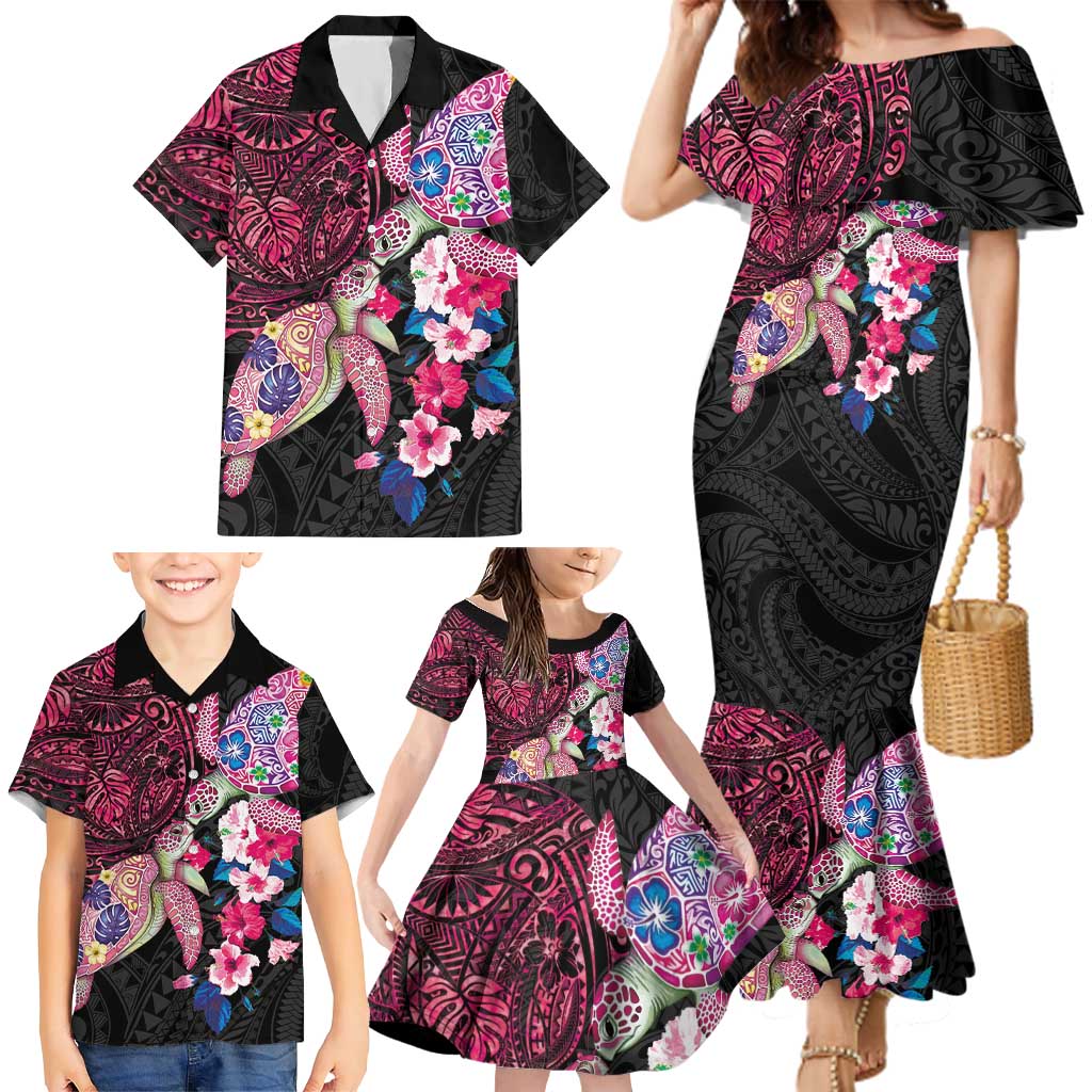 Hawaiian Couple Turtles Honi Family Matching Mermaid Dress and Hawaiian Shirt Polynesian Art Motifs and Hibiscus Black Red Color LT03 - Polynesian Pride