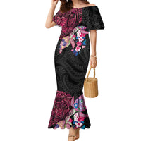 Hawaiian Couple Turtles Honi Family Matching Mermaid Dress and Hawaiian Shirt Polynesian Art Motifs and Hibiscus Black Red Color LT03 Mom's Dress Black - Polynesian Pride