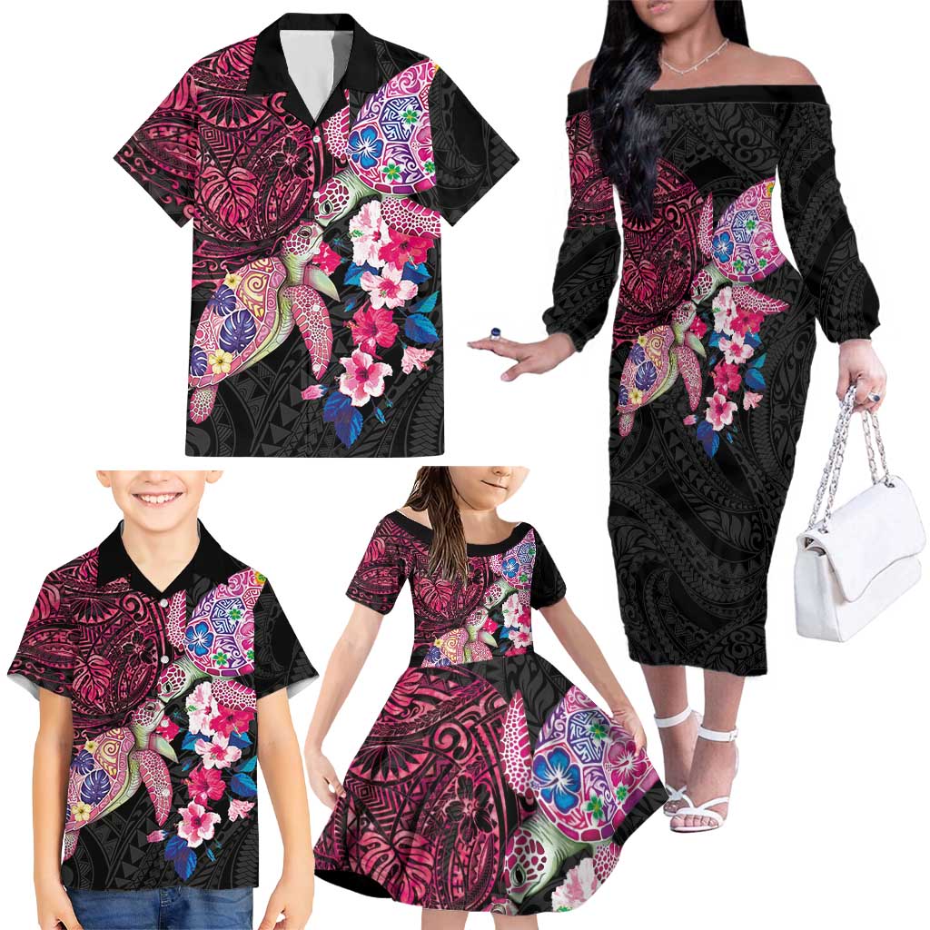 Hawaiian Couple Turtles Honi Family Matching Off The Shoulder Long Sleeve Dress and Hawaiian Shirt Polynesian Art Motifs and Hibiscus Black Red Color - Polynesian Pride