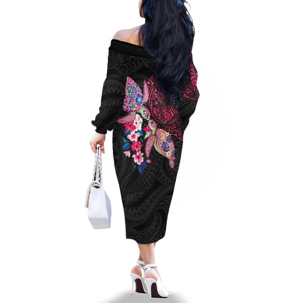 Hawaiian Couple Turtles Honi Family Matching Off The Shoulder Long Sleeve Dress and Hawaiian Shirt Polynesian Art Motifs and Hibiscus Black Red Color - Polynesian Pride