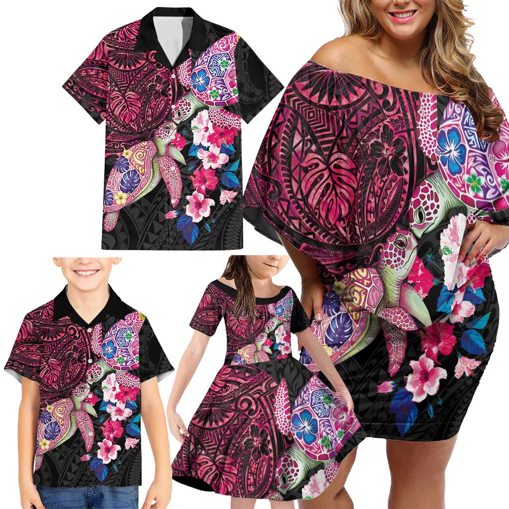 Hawaiian Couple Turtles Honi Family Matching Off Shoulder Short Dress and Hawaiian Shirt Polynesian Art Motifs and Hibiscus Black Red Color - Polynesian Pride