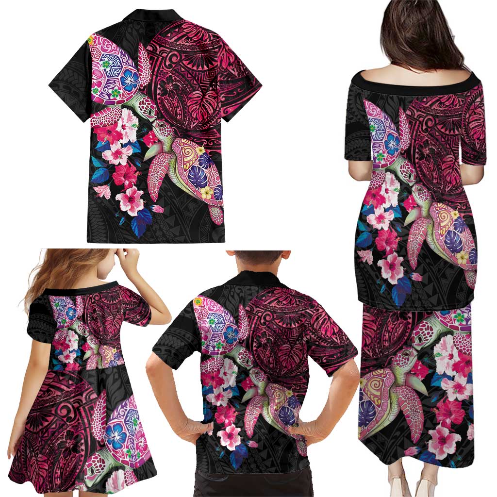 Hawaiian Couple Turtles Honi Family Matching Puletasi and Hawaiian Shirt Polynesian Art Motifs and Hibiscus Black Red Color - Polynesian Pride