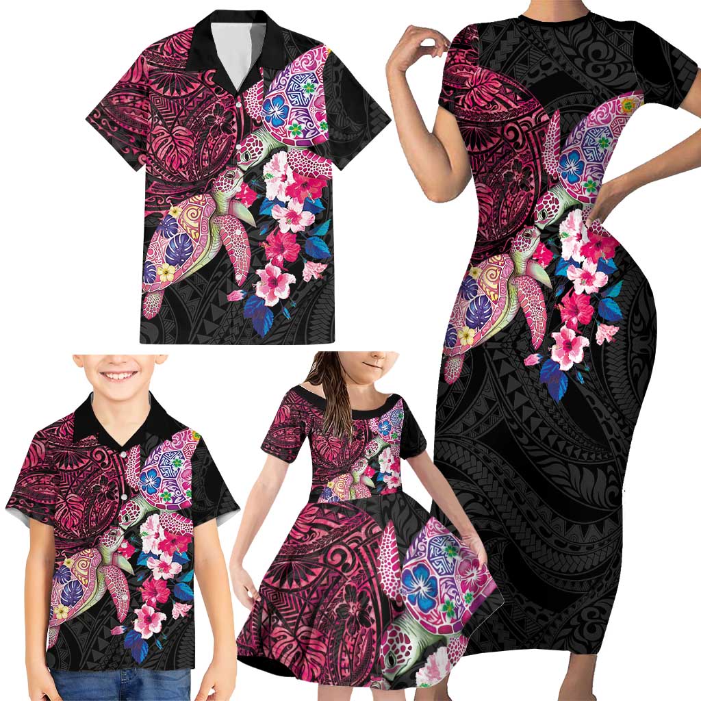Hawaiian Couple Turtles Honi Family Matching Short Sleeve Bodycon Dress and Hawaiian Shirt Polynesian Art Motifs and Hibiscus Black Red Color - Polynesian Pride