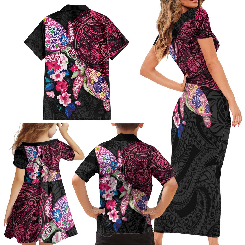 Hawaiian Couple Turtles Honi Family Matching Short Sleeve Bodycon Dress and Hawaiian Shirt Polynesian Art Motifs and Hibiscus Black Red Color - Polynesian Pride