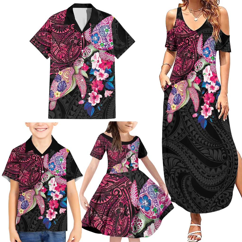 Hawaiian Couple Turtles Honi Family Matching Summer Maxi Dress and Hawaiian Shirt Polynesian Art Motifs and Hibiscus Black Red Color LT03 - Polynesian Pride