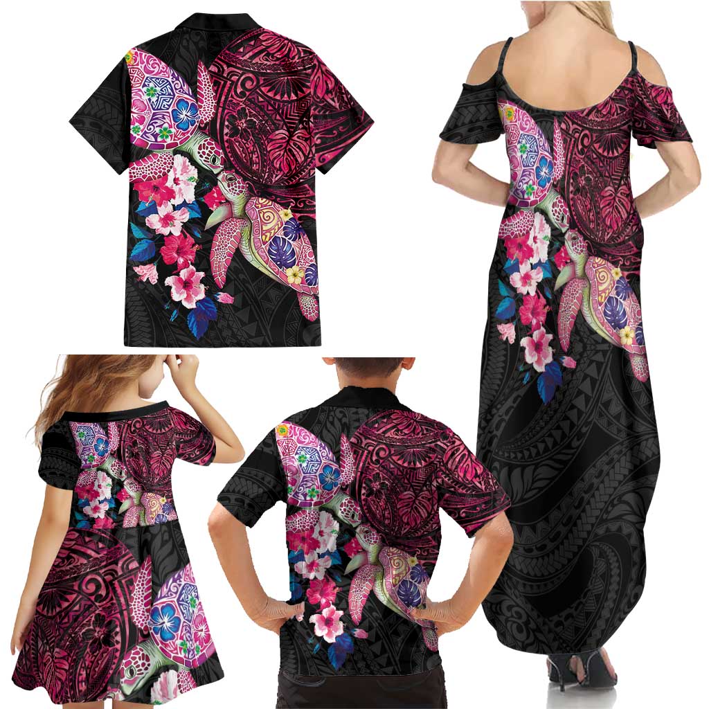 Hawaiian Couple Turtles Honi Family Matching Summer Maxi Dress and Hawaiian Shirt Polynesian Art Motifs and Hibiscus Black Red Color LT03 - Polynesian Pride