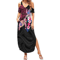 Hawaiian Couple Turtles Honi Family Matching Summer Maxi Dress and Hawaiian Shirt Polynesian Art Motifs and Hibiscus Black Red Color LT03 Mom's Dress Black - Polynesian Pride