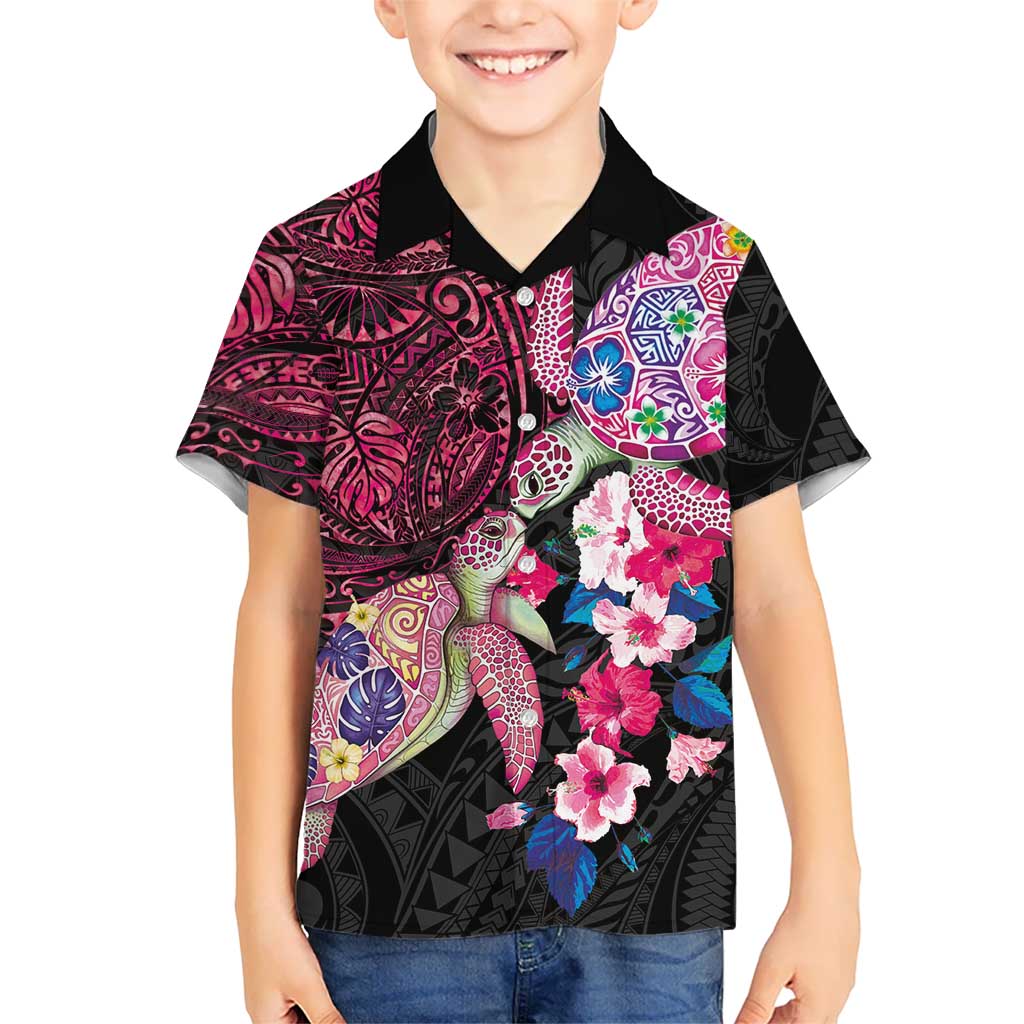 Hawaiian Couple Turtles Honi Family Matching Summer Maxi Dress and Hawaiian Shirt Polynesian Art Motifs and Hibiscus Black Red Color LT03 Son's Shirt Black - Polynesian Pride