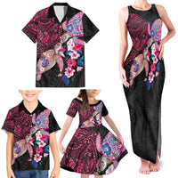 Hawaiian Couple Turtles Honi Family Matching Tank Maxi Dress and Hawaiian Shirt Polynesian Art Motifs and Hibiscus Black Red Color - Polynesian Pride