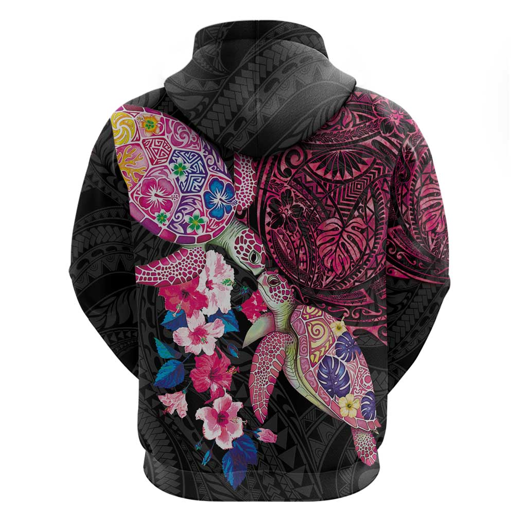 Hawaiian Couple Turtles Honi Hoodie Polynesian Art Motifs and Hibiscus Black Red Color - Polynesian Pride