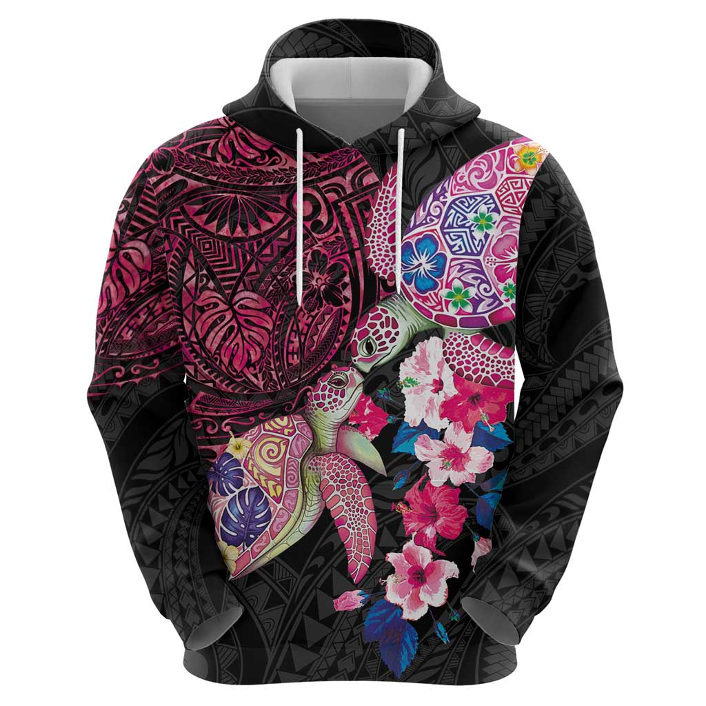 Hawaiian Couple Turtles Honi Hoodie Polynesian Art Motifs and Hibiscus Black Red Color - Polynesian Pride