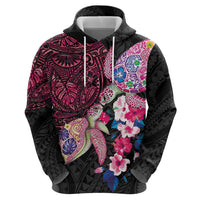 Hawaiian Couple Turtles Honi Hoodie Polynesian Art Motifs and Hibiscus Black Red Color - Polynesian Pride