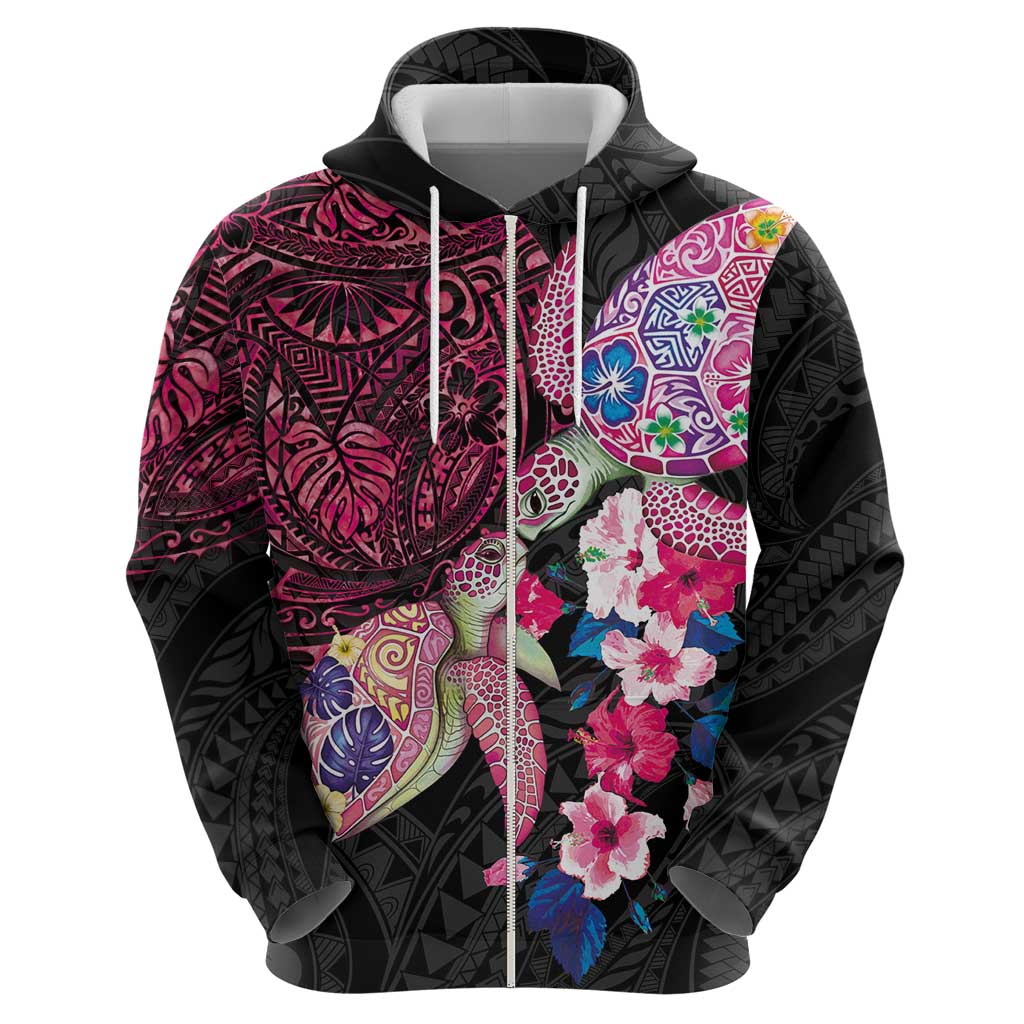 Hawaiian Couple Turtles Honi Hoodie Polynesian Art Motifs and Hibiscus Black Red Color - Polynesian Pride