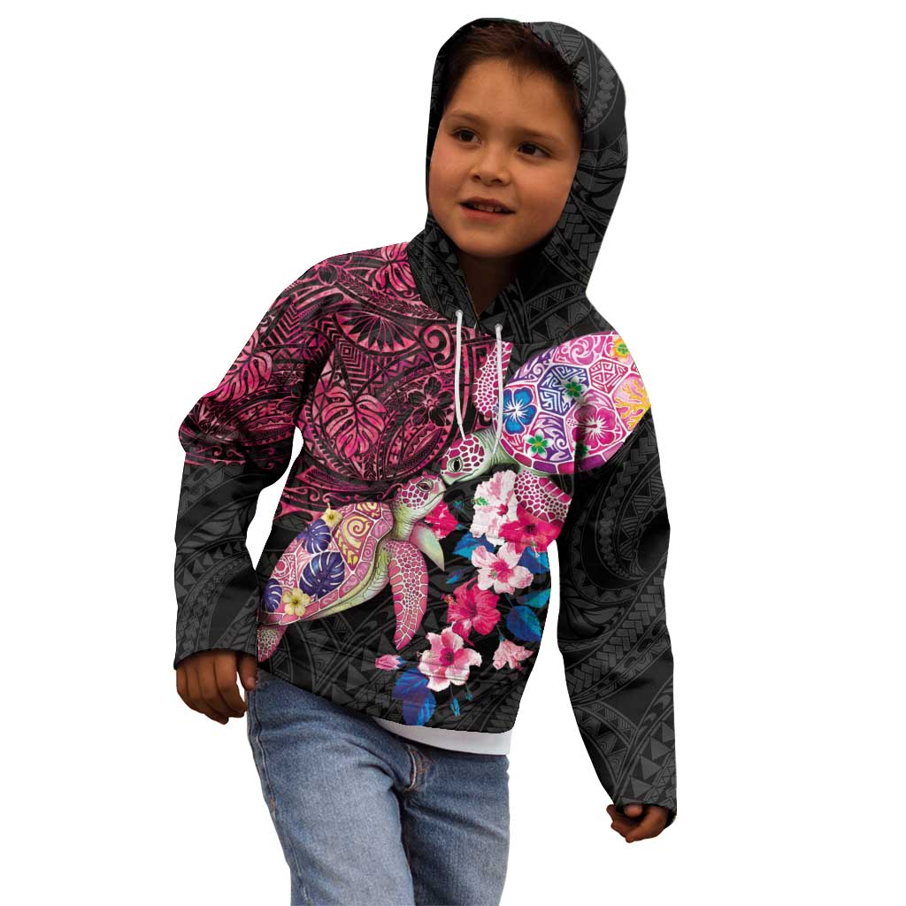 Hawaiian Couple Turtles Honi Kid Hoodie Polynesian Art Motifs and Hibiscus Black Red Color - Polynesian Pride