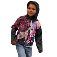 Hawaiian Couple Turtles Honi Kid Hoodie Polynesian Art Motifs and Hibiscus Black Red Color - Polynesian Pride