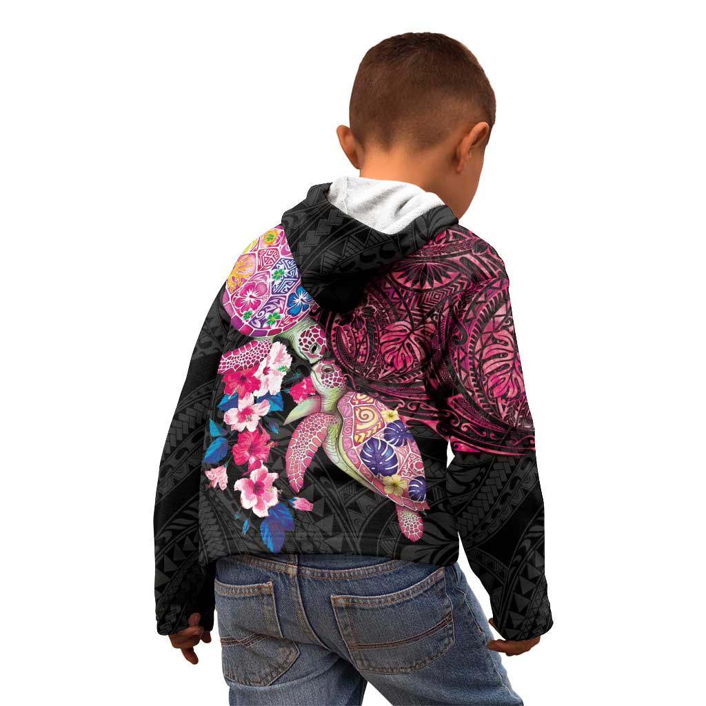 Hawaiian Couple Turtles Honi Kid Hoodie Polynesian Art Motifs and Hibiscus Black Red Color - Polynesian Pride