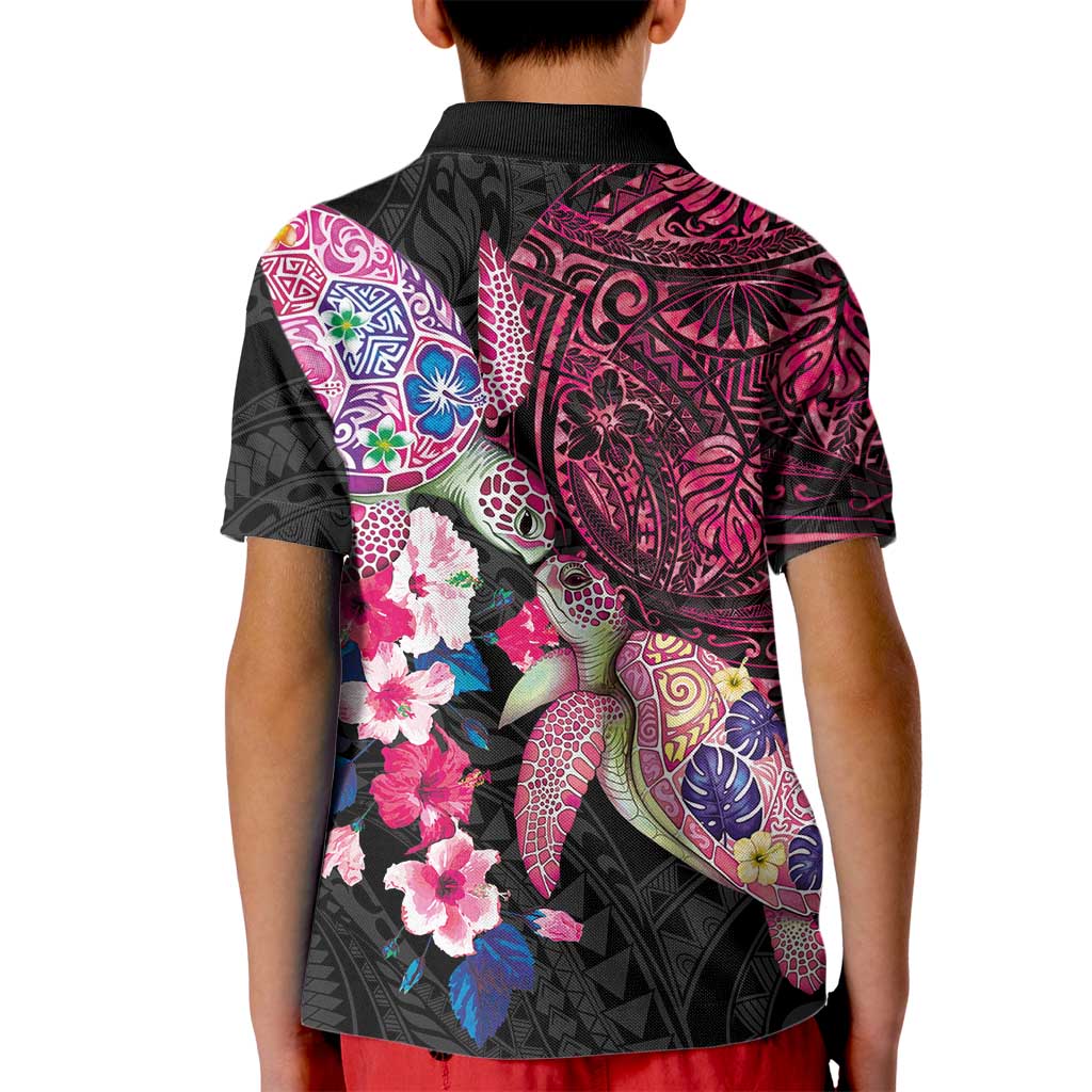 Hawaiian Couple Turtles Honi Kid Polo Shirt Polynesian Art Motifs and Hibiscus Black Red Color - Polynesian Pride