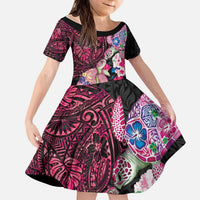 Hawaiian Couple Turtles Honi Kid Short Sleeve Dress Polynesian Art Motifs and Hibiscus Black Red Color LT03 KID Black - Polynesian Pride