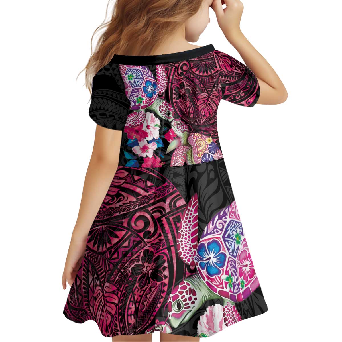 Hawaiian Couple Turtles Honi Kid Short Sleeve Dress Polynesian Art Motifs and Hibiscus Black Red Color LT03 - Polynesian Pride