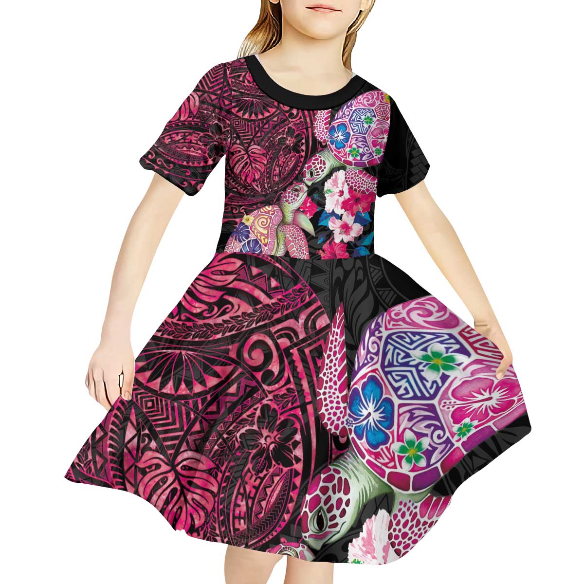 Hawaiian Couple Turtles Honi Kid Short Sleeve Dress Polynesian Art Motifs and Hibiscus Black Red Color LT03 - Polynesian Pride