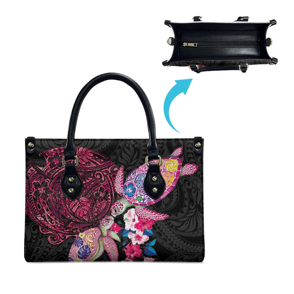 Hawaiian Couple Turtles Honi Leather Bag Polynesian Art Motifs and Hibiscus Black Red Color - Polynesian Pride