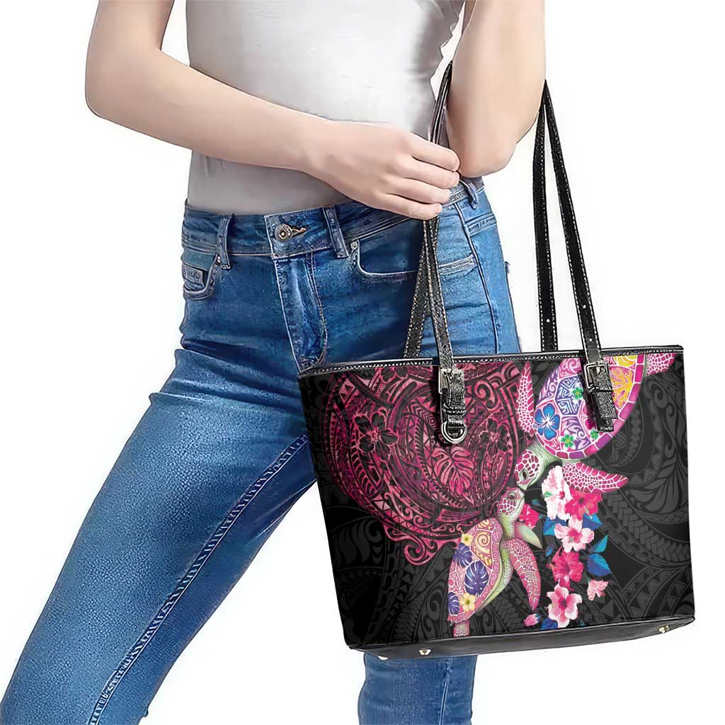 Hawaiian Couple Turtles Honi Leather Tote Bag Polynesian Art Motifs and Hibiscus Black Red Color - Polynesian Pride