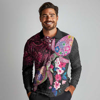 Hawaiian Couple Turtles Honi Long Sleeve Polo Shirt Polynesian Art Motifs and Hibiscus Black Red Color - Polynesian Pride