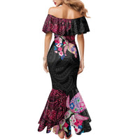 Hawaiian Couple Turtles Honi Mermaid Dress Polynesian Art Motifs and Hibiscus Black Red Color LT03 - Polynesian Pride