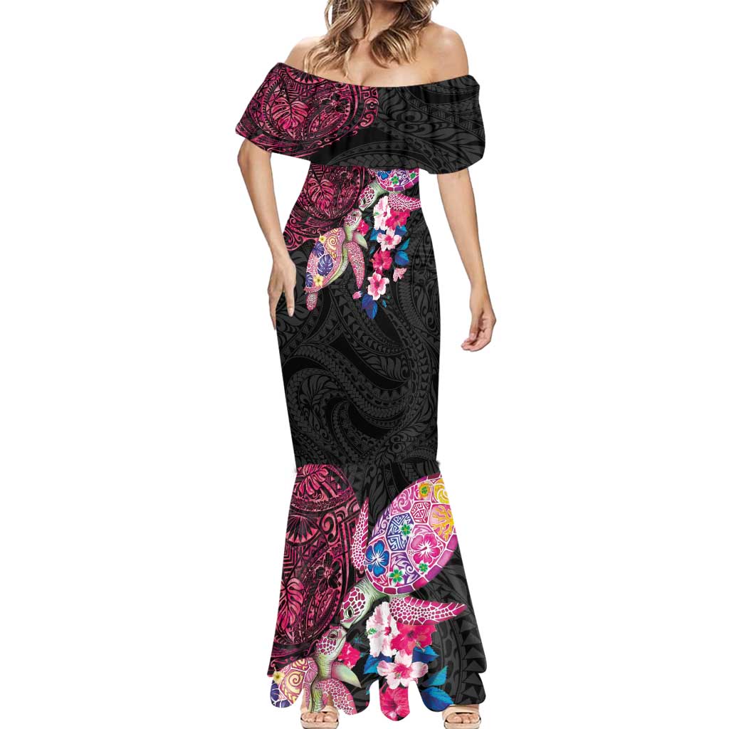 Hawaiian Couple Turtles Honi Mermaid Dress Polynesian Art Motifs and Hibiscus Black Red Color LT03 - Polynesian Pride