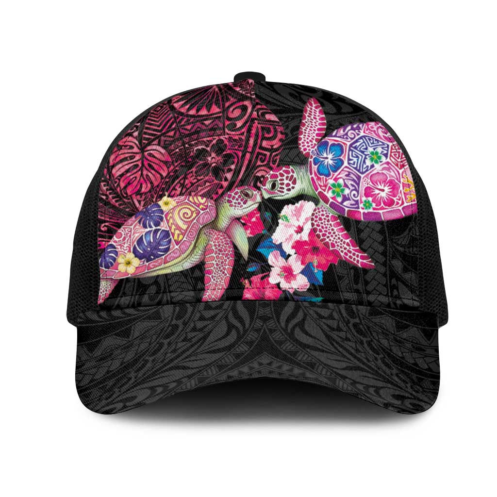 Hawaiian Couple Turtles Honi Mesh Trucker Cap Polynesian Art Motifs and Hibiscus Black Red Color - Polynesian Pride