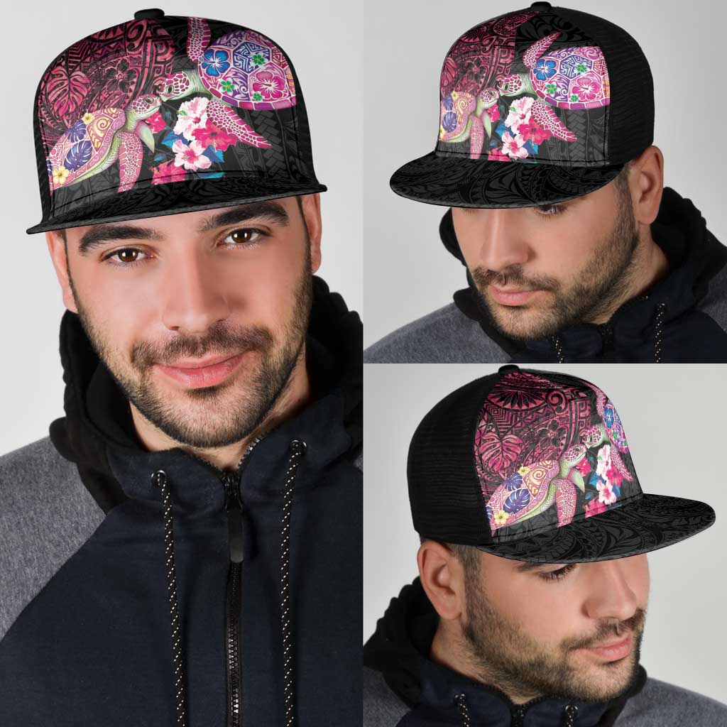 Hawaiian Couple Turtles Honi Mesh Trucker Cap Polynesian Art Motifs and Hibiscus Black Red Color - Polynesian Pride