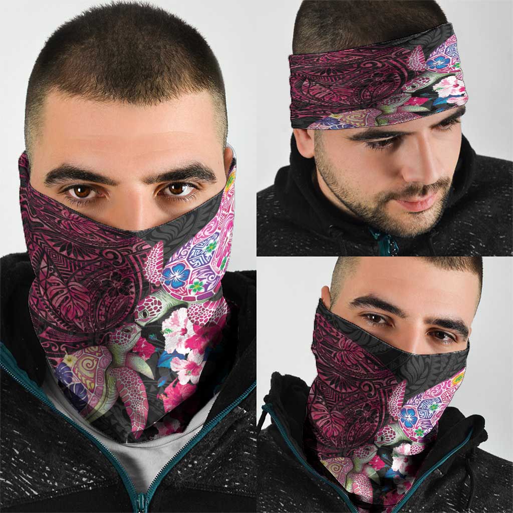 Hawaiian Couple Turtles Honi Neck Gaiter Polynesian Art Motifs and Hibiscus Black Red Color - Polynesian Pride