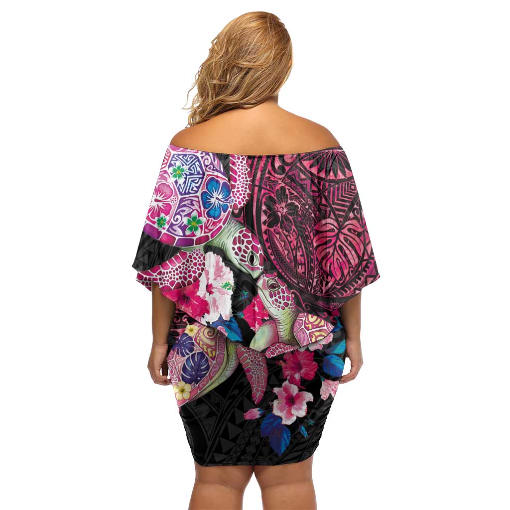 Hawaiian Couple Turtles Honi Off Shoulder Short Dress Polynesian Art Motifs and Hibiscus Black Red Color - Polynesian Pride