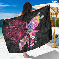 Hawaiian Couple Turtles Honi Sarong Polynesian Art Motifs and Hibiscus Black Red Color - Polynesian Pride