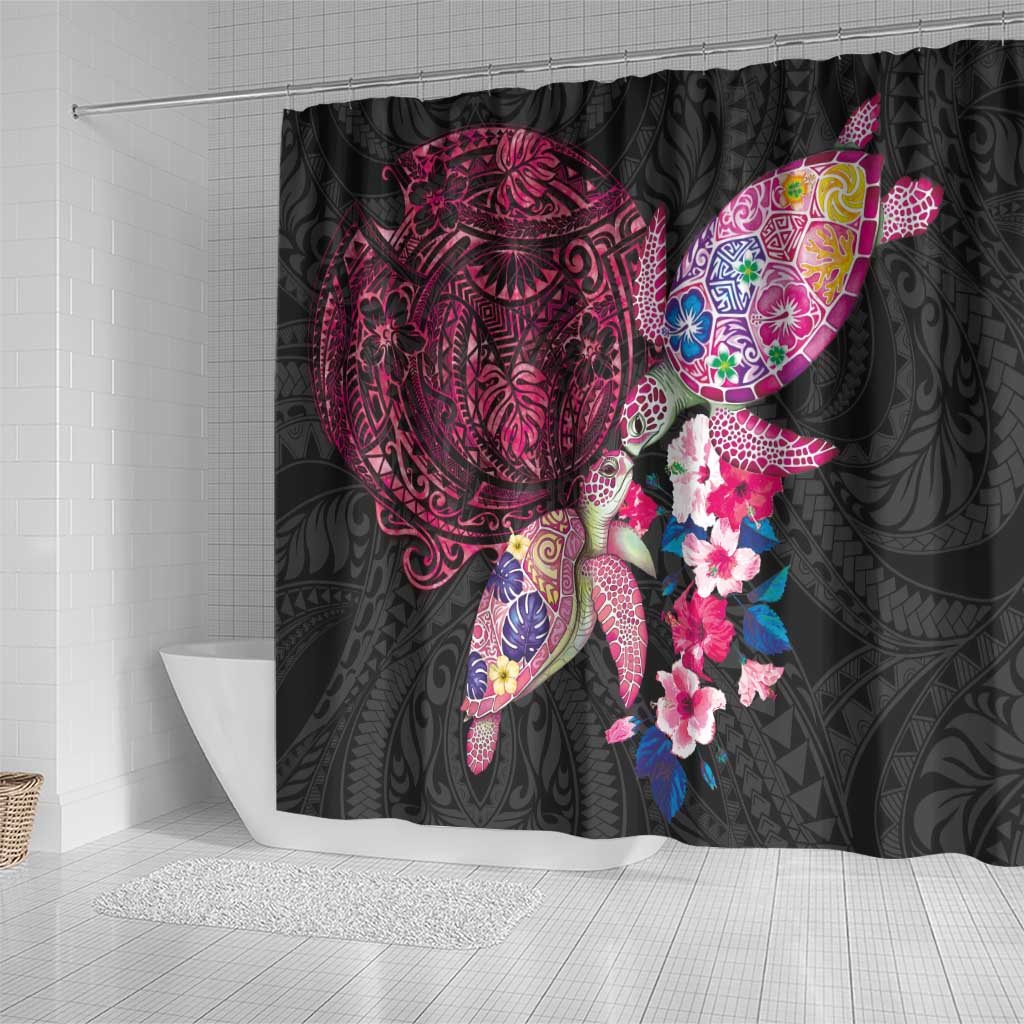 Hawaiian Couple Turtles Honi Shower Curtain Polynesian Art Motifs and Hibiscus Black Red Color - Polynesian Pride