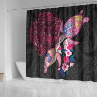Hawaiian Couple Turtles Honi Shower Curtain Polynesian Art Motifs and Hibiscus Black Red Color - Polynesian Pride