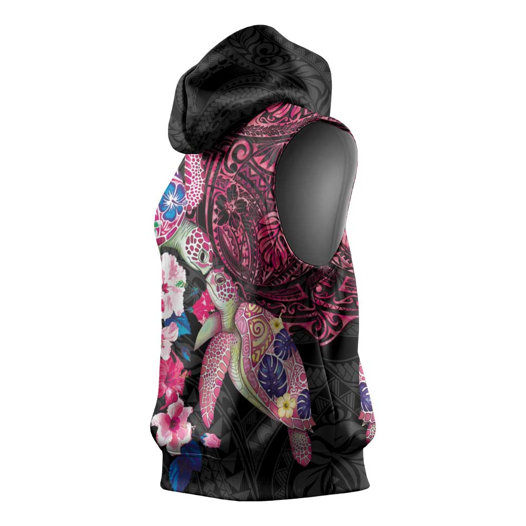 Hawaiian Couple Turtles Honi Sleeveless Hoodie Polynesian Art Motifs and Hibiscus Black Red Color - Polynesian Pride
