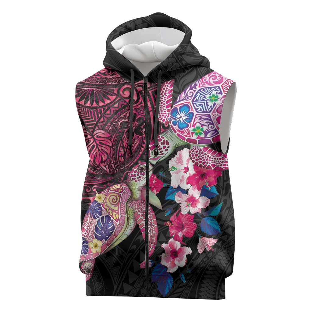 Hawaiian Couple Turtles Honi Sleeveless Zip Hoodie Polynesian Art Motifs and Hibiscus Black Red Color - Polynesian Pride