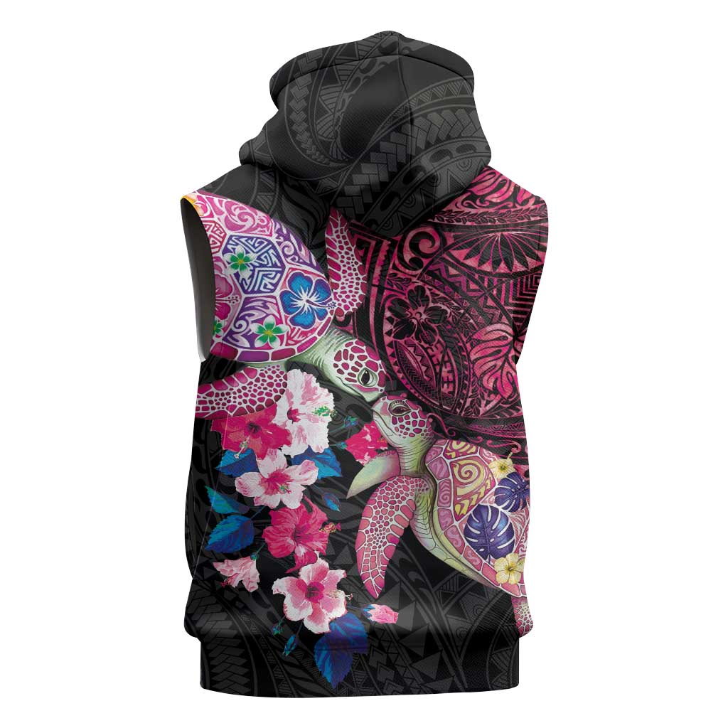 Hawaiian Couple Turtles Honi Sleeveless Zip Hoodie Polynesian Art Motifs and Hibiscus Black Red Color - Polynesian Pride