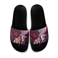 Hawaiian Couple Turtles Honi Slide Sandals Polynesian Art Motifs and Hibiscus Black Red Color - Polynesian Pride