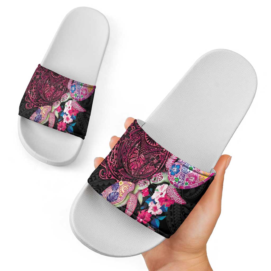 Hawaiian Couple Turtles Honi Slide Sandals Polynesian Art Motifs and Hibiscus Black Red Color - Polynesian Pride