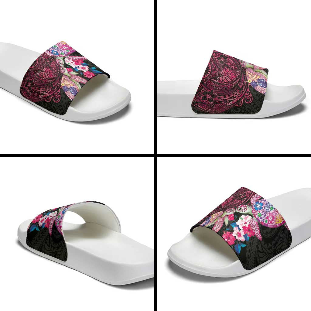 Hawaiian Couple Turtles Honi Slide Sandals Polynesian Art Motifs and Hibiscus Black Red Color - Polynesian Pride