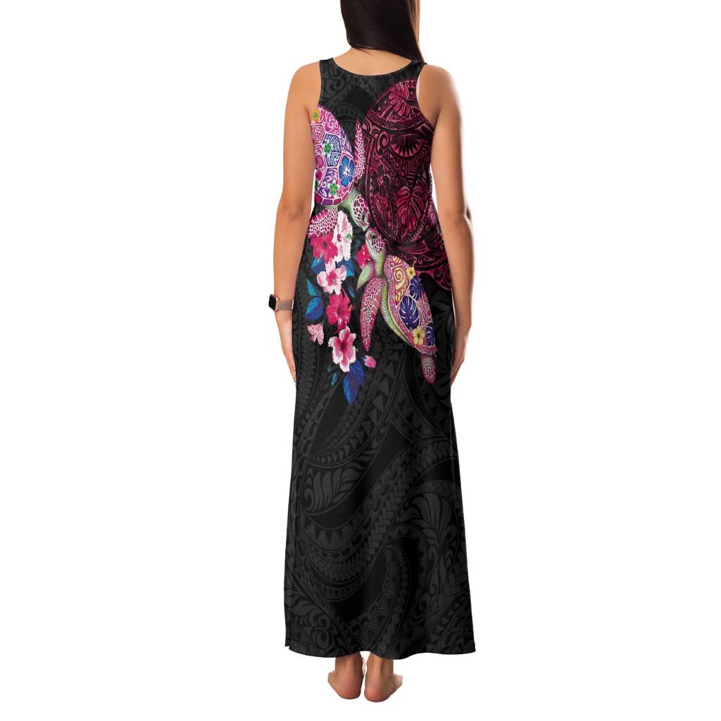 Hawaiian Couple Turtles Honi Tank Maxi Dress Polynesian Art Motifs and Hibiscus Black Red Color - Polynesian Pride