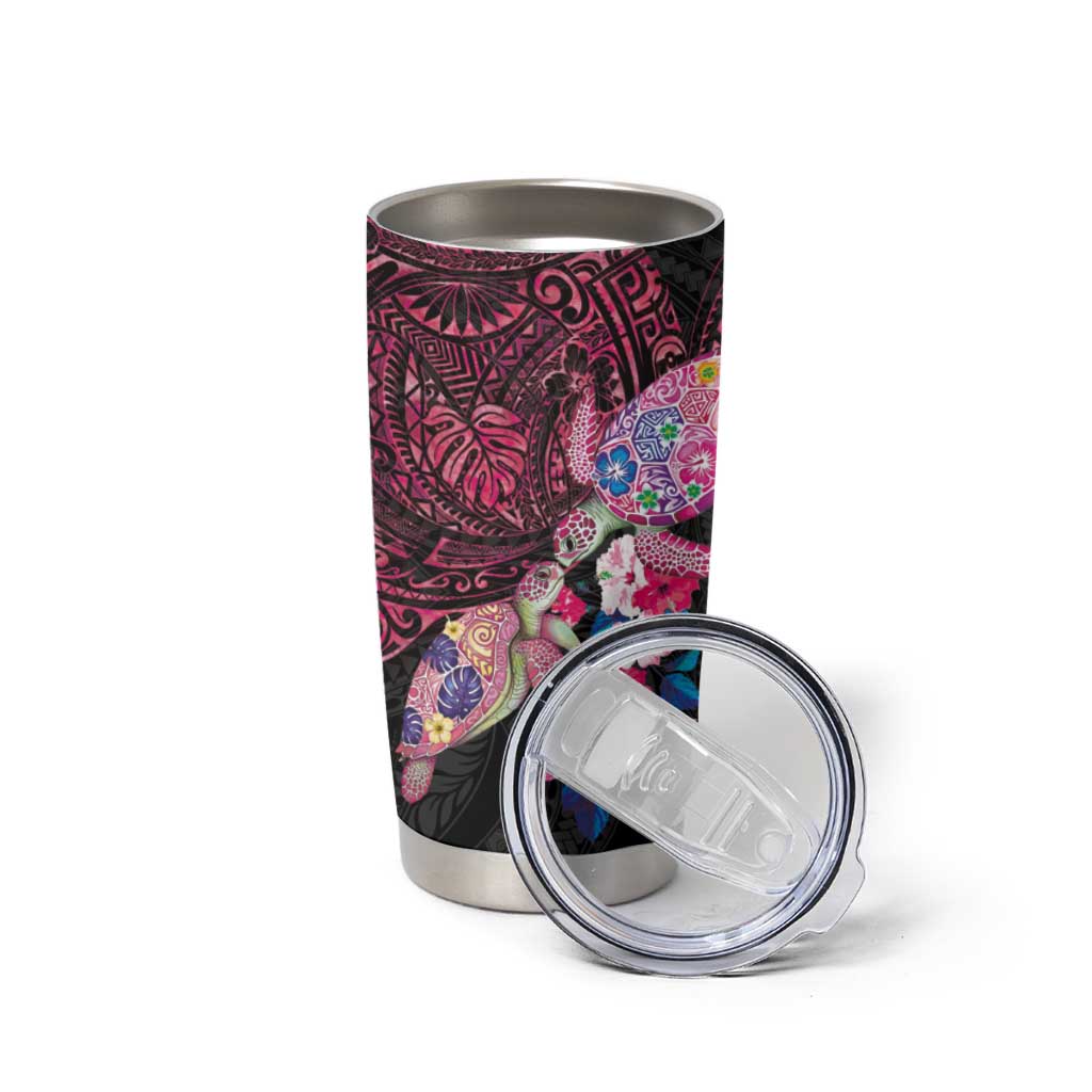 Hawaiian Couple Turtles Honi Tumbler Cup Polynesian Art Motifs and Hibiscus Black Red Color - Polynesian Pride