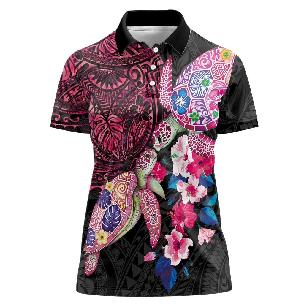 Hawaiian Couple Turtles Honi Women Polo Shirt Polynesian Art Motifs and Hibiscus Black Red Color - Polynesian Pride