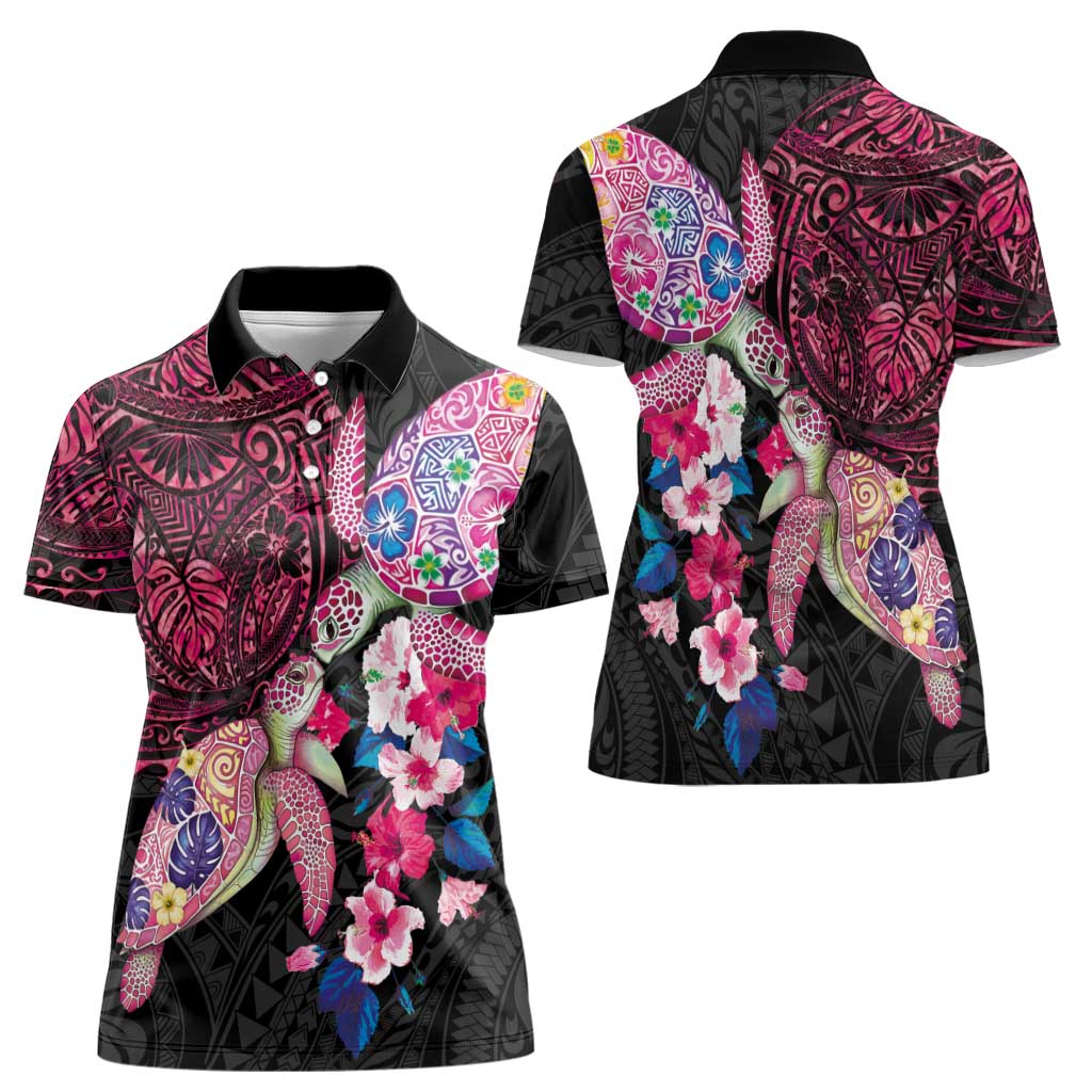Hawaiian Couple Turtles Honi Women Polo Shirt Polynesian Art Motifs and Hibiscus Black Red Color - Polynesian Pride