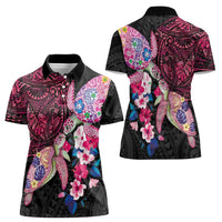 Hawaiian Couple Turtles Honi Women Polo Shirt Polynesian Art Motifs and Hibiscus Black Red Color - Polynesian Pride