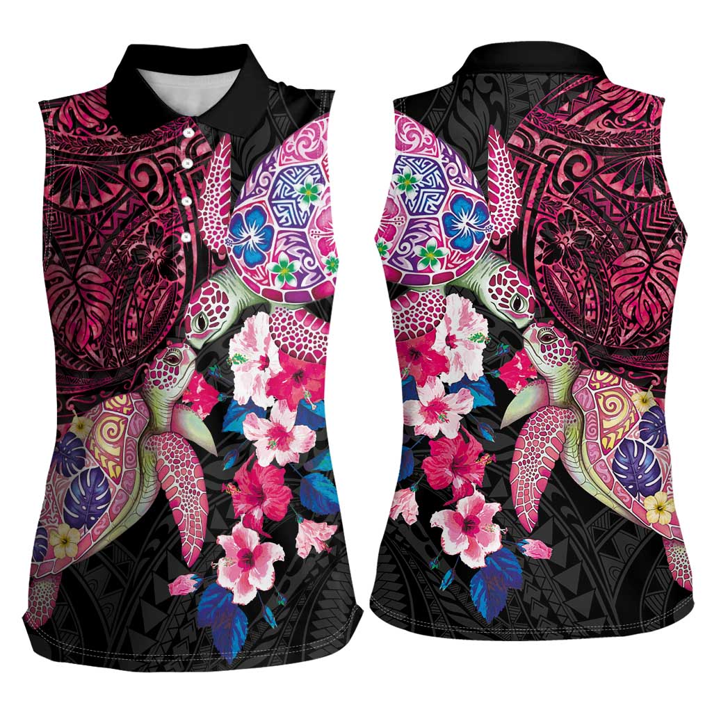 Hawaiian Couple Turtles Honi Women Sleeveless Polo Shirt Polynesian Art Motifs and Hibiscus Black Red Color - Polynesian Pride